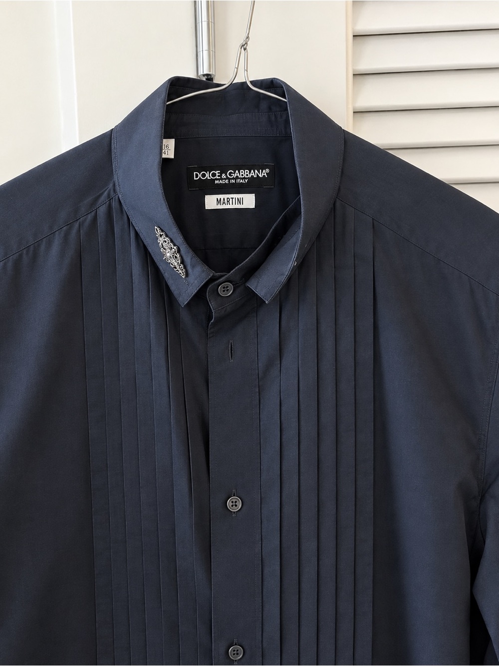 Dolce & Gabbana Martini Pleated Dress Shirt in Navy